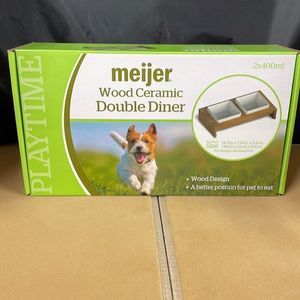 Pet double diner, wood, ceramic bowls set